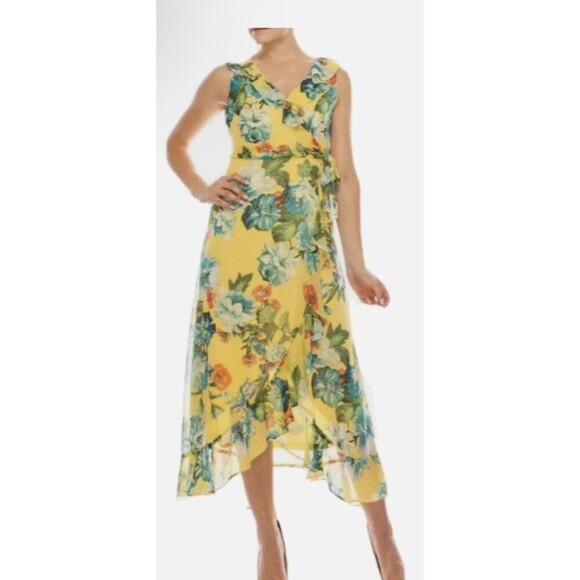 LONDON TIMES Sleeveless Flowy Floral Faux Wrap Dress Size 14 Yellow Vacation - Picture 5 of 7